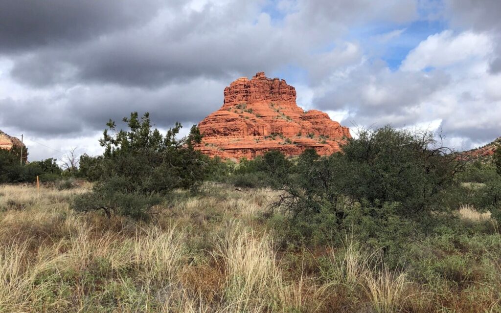 Red rock formation in Sedona, AZ with grass and trees in foreground.