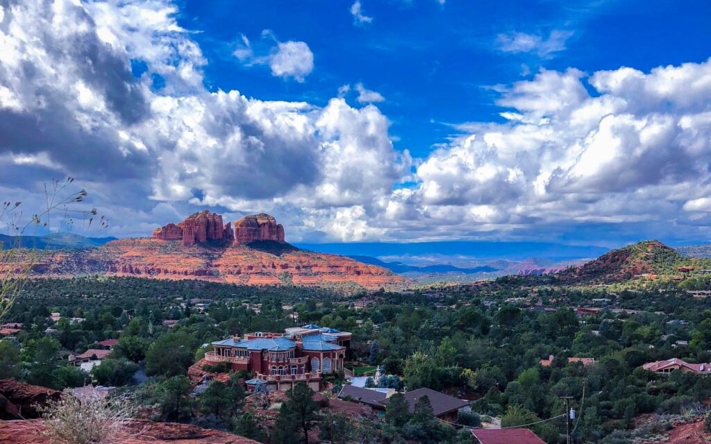 View of Chapel Area neighborhood of Sedona with Cathedral Rock in the background.