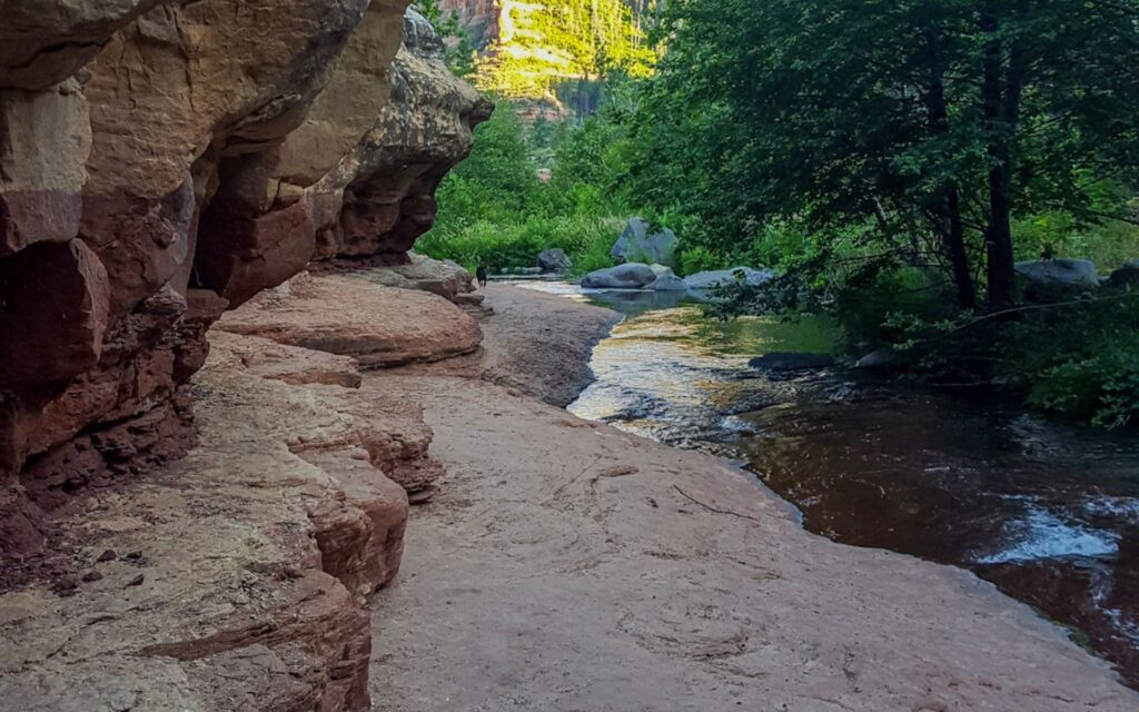 Red rock cliff of Oak Creek with water flowing through dense forests and dog running on the bank in the distance.